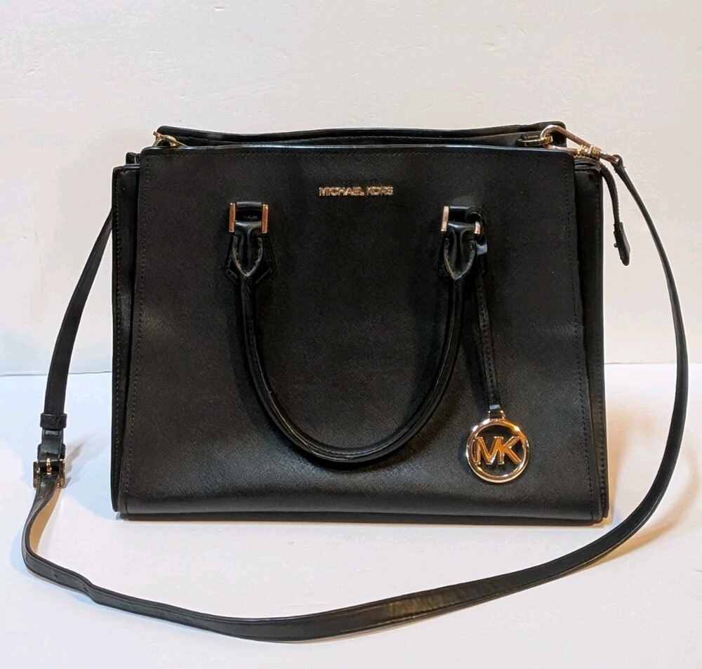 Michael Kors Black Saffiano Leather Gold Hardware Satchel Bag Pendant Classy